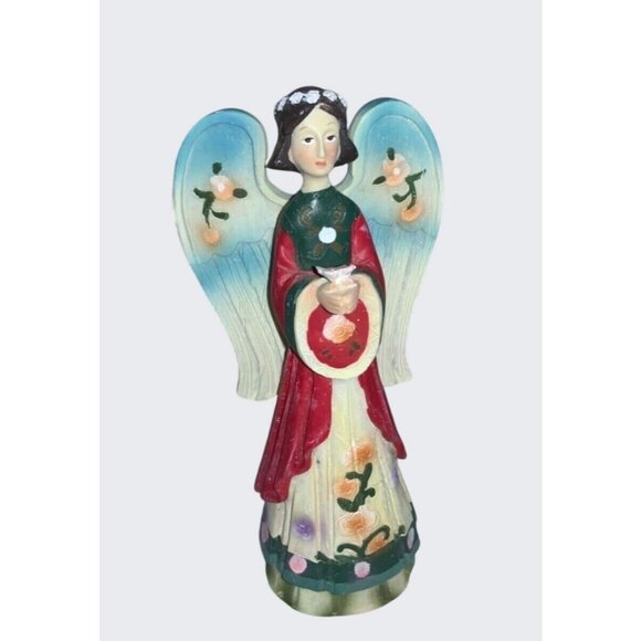 Hand-Painted Polystone Angel Figurine With Floral Details & Vibrant Colors - Picture 1 of 9